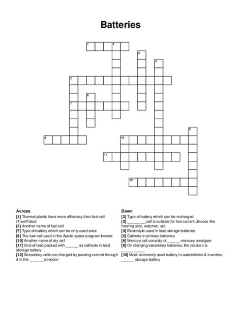 Find the latest crossword clues from New York Times Crosswords, LA Times Crosswords and many more. Enter Given Clue. ... Battery acronym By CrosswordSolver IO. Refine the search results by specifying the number of letters. If certain letters are known already, you can provide them in the form of a pattern: "CA????". ...